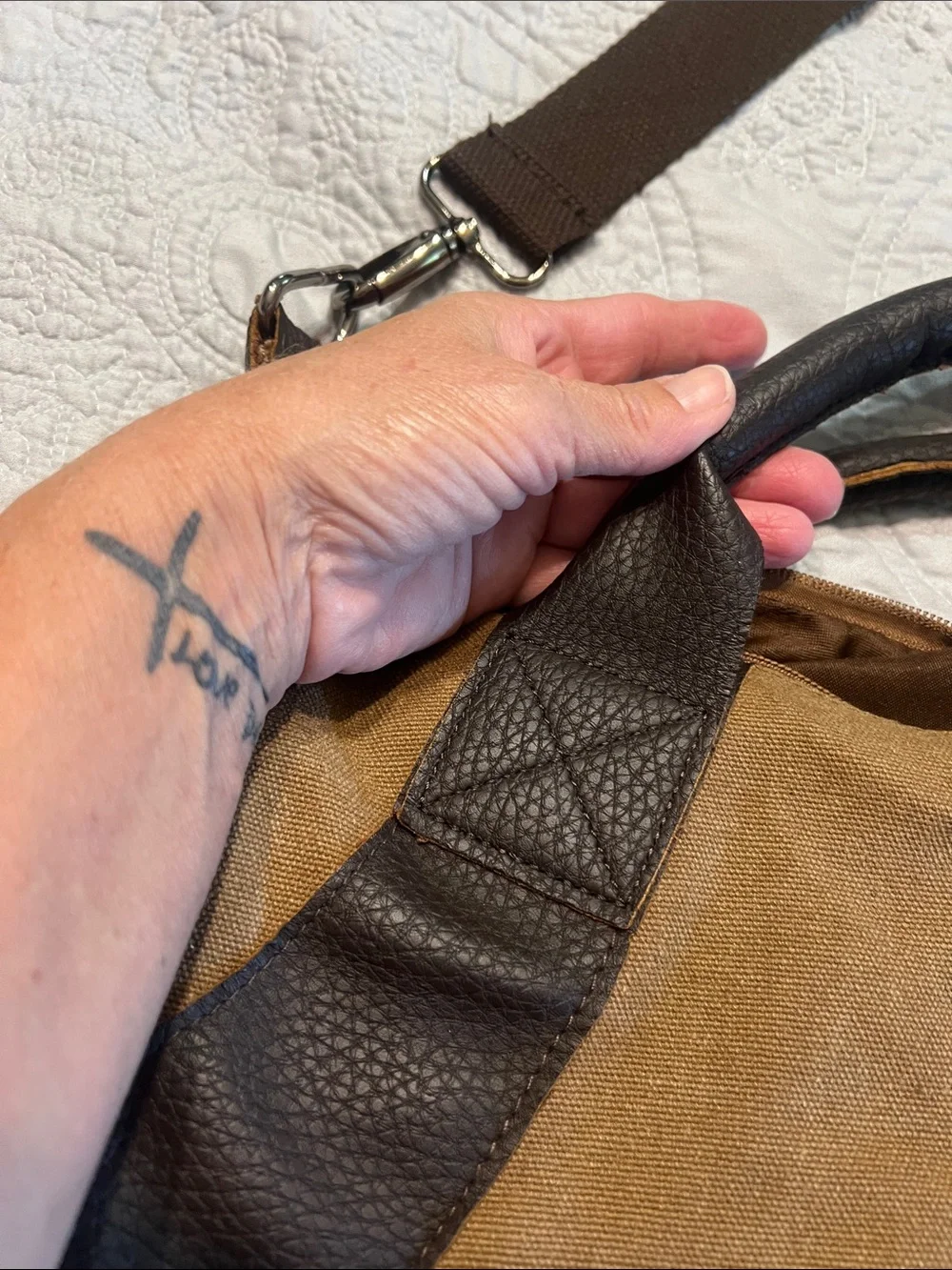 Canvas and Leather-Trim Hobo Bag in Brown